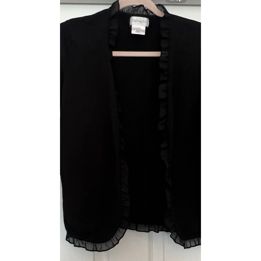 Worthington Womens Large Black Ruffle Cardigan Sweater Work Office Evening Wear